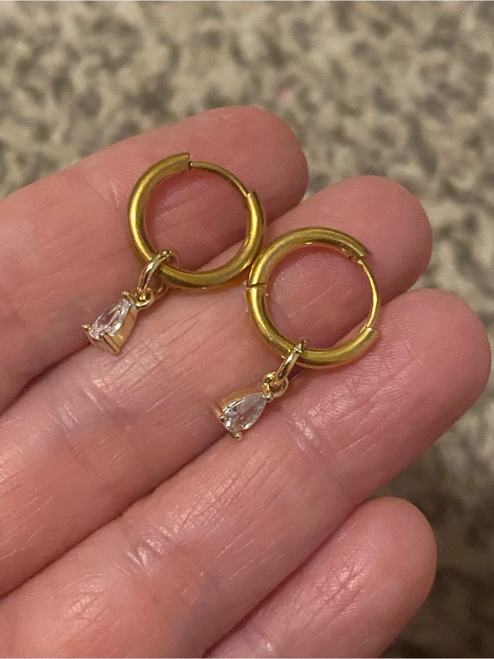 Gold Huggie Hoop Earrings with Teardrop Crystal Dangles
